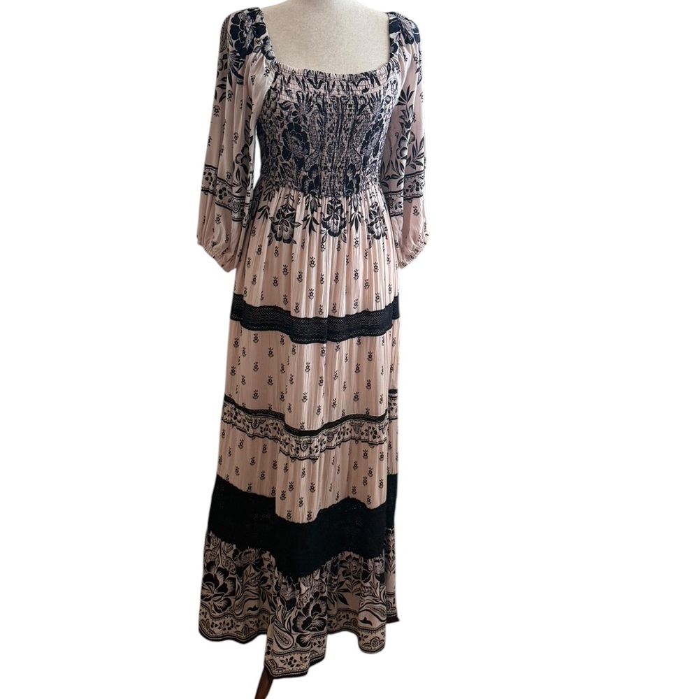 Angie Blush Pink and Black Printed Smocked Maxi Dress